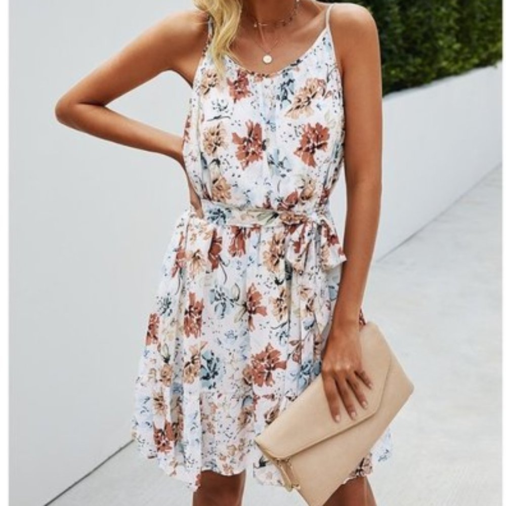 Neutral Floral Spaghetti Strap Tie Waist Dress - Picture 2 of 7